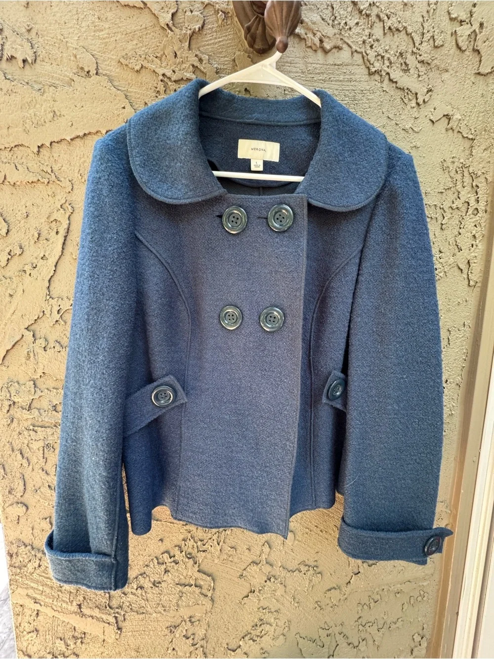 Merona Wool Blend Blue Peacoat Short Double Breasted Collared Size L